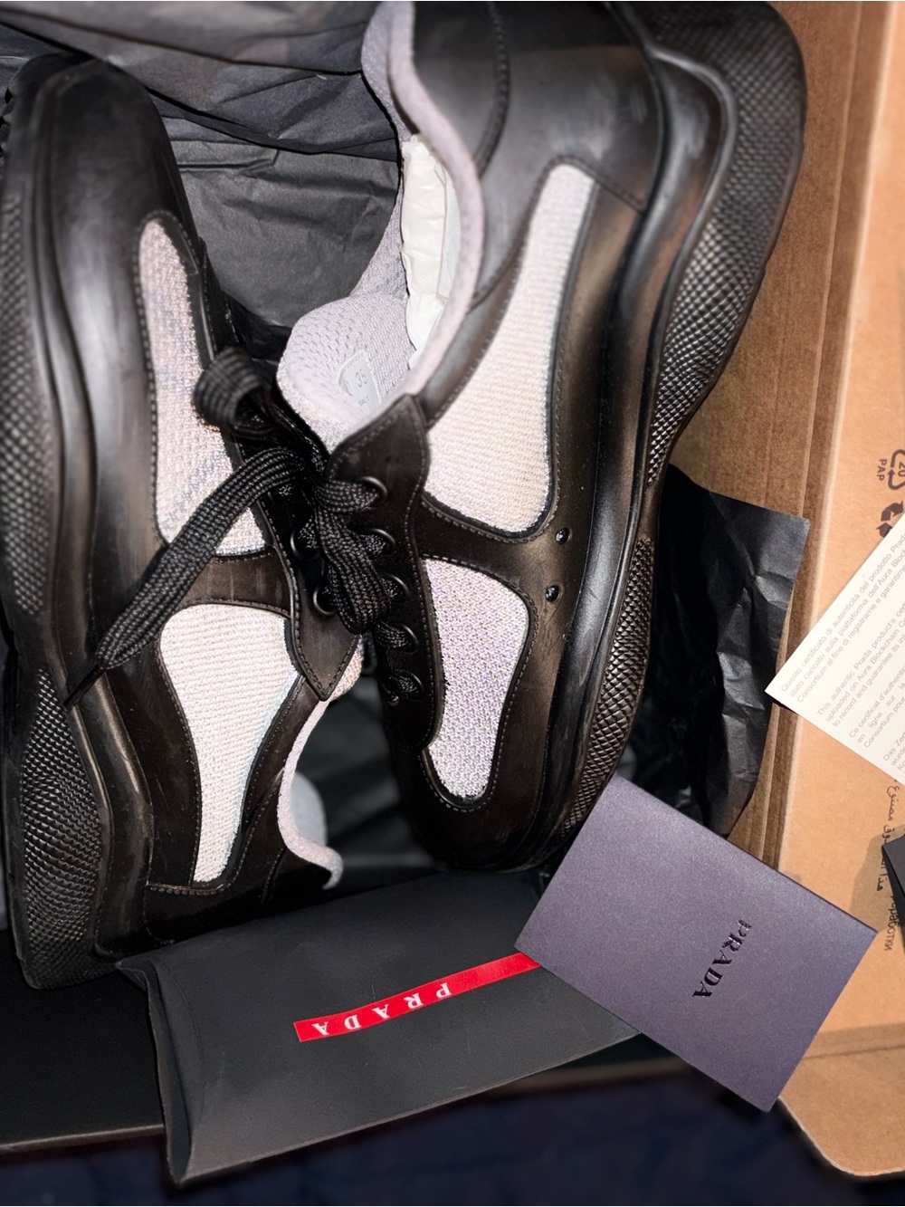 Prada Black and Light Gray Men's Leather & Mesh Sneakers
